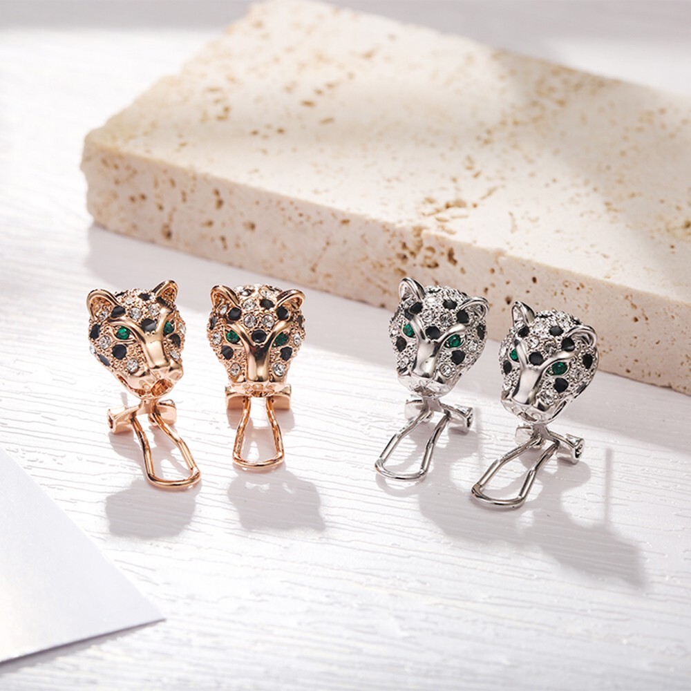 Animal Leopard Panther Jaguar Clear and Black Cubic Zirconia Leverback Earrings