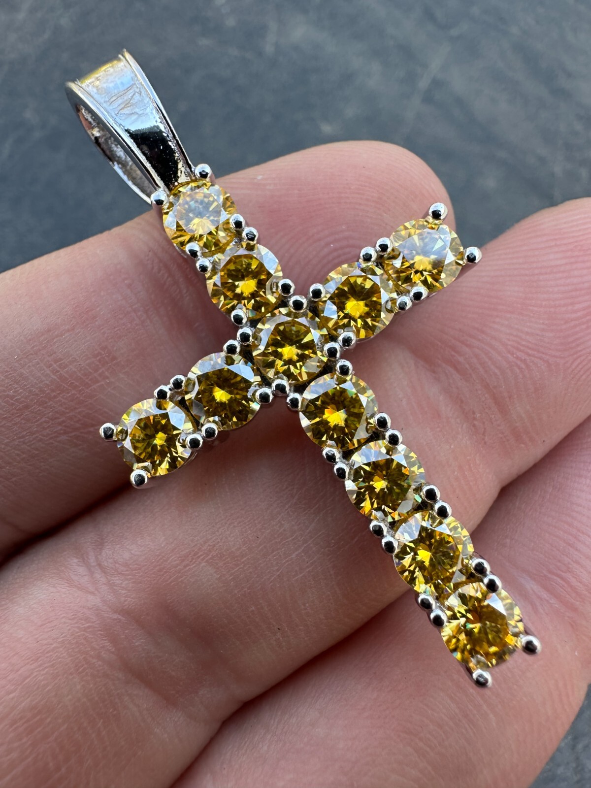 Yellow Canary MOISSANITE Real 925 Silver Cross Iced Pendant Necklace Hip Hop