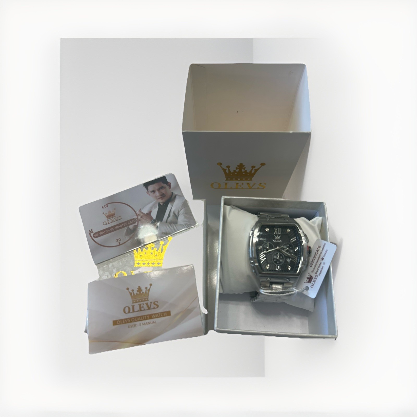 OLEVS Men’s Chronograph Wristwatch Black Dial Silver Stainless Steel Quartz 5639