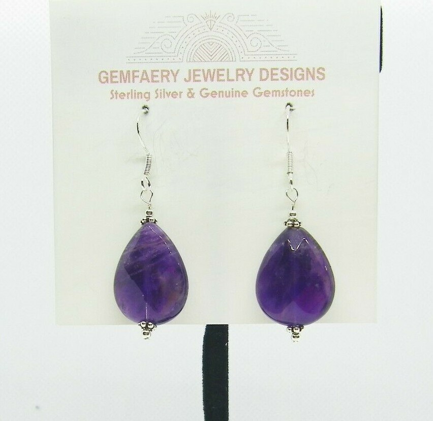 Sterling Silver Faceted AMETHYST Teardrop Dangle Earrings #2114…Handmade USA