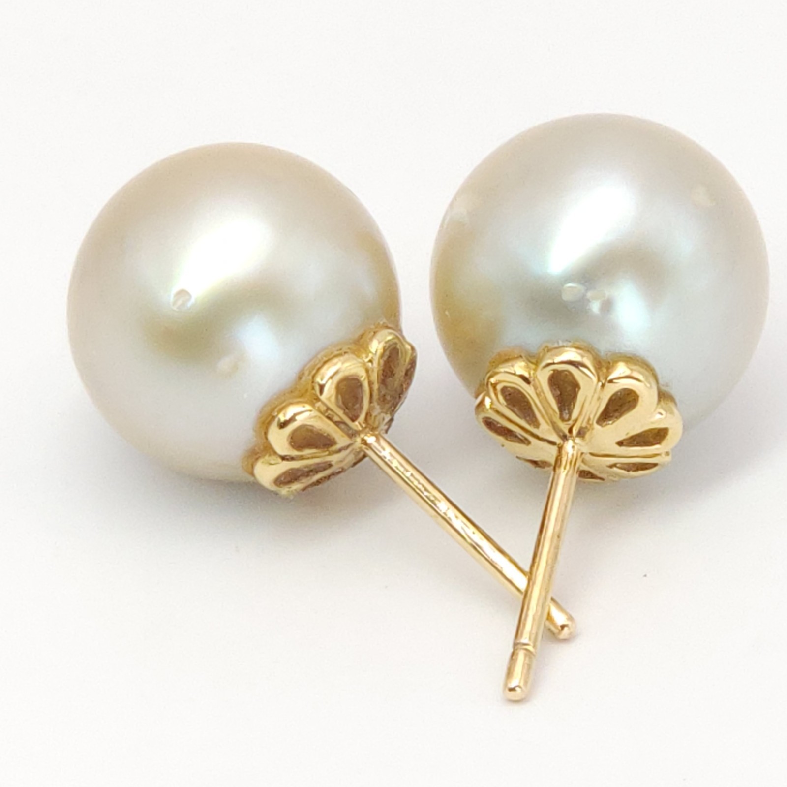 18K Yellow Gold South Sea Cultured Cream Champagne Pearl 12mm Stud Earrings 7g