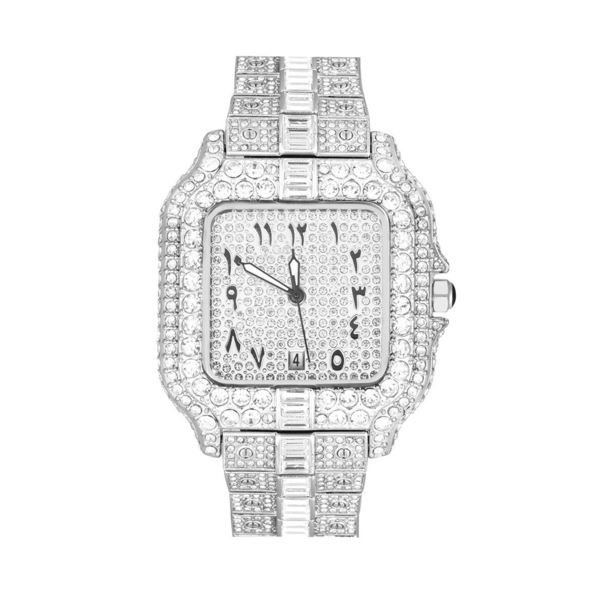 Arabic Hip Hop Ice out Luxury Bling Mens Watch Iced Silver Cz Diamond Waterproof