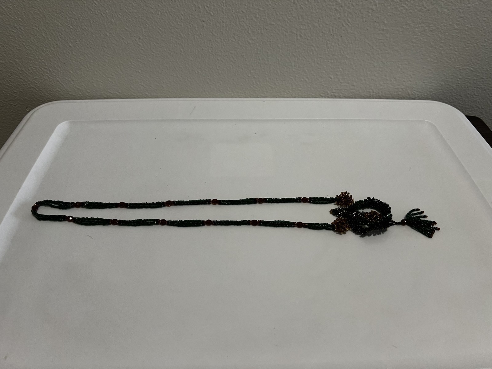 Green Black Brown Glass Beaded Tassel Pendant Necklace 30in