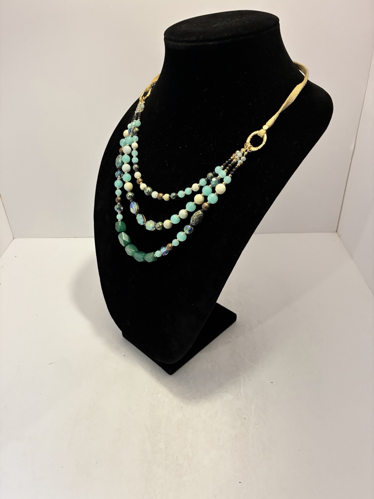 Boho Multi Strand Gemstone Statement Necklace Green Agate African Turquoise Sued