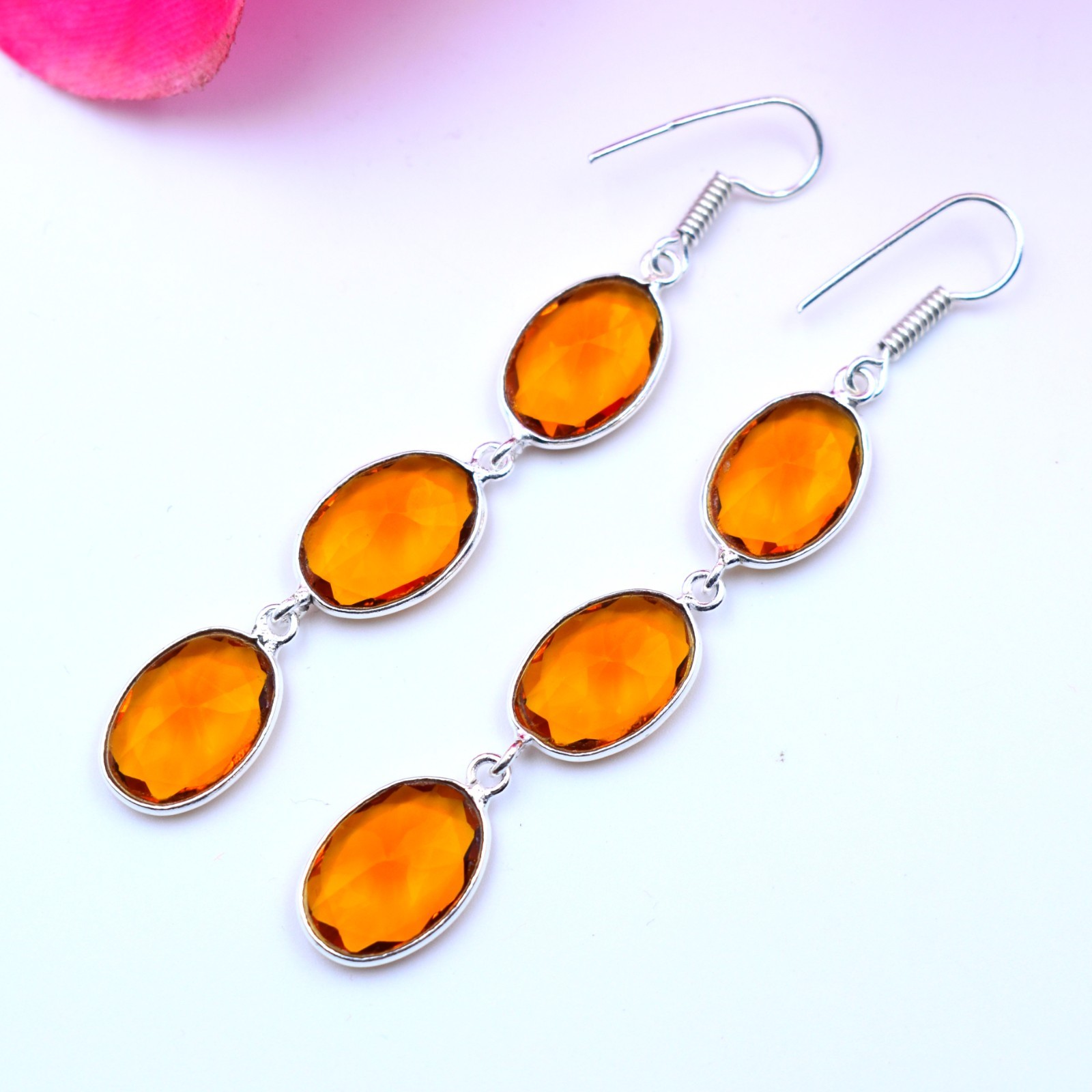 Hessonite Gemstone Handmade 925 Sterling Silver Jewelry Earring Size-2.75″
