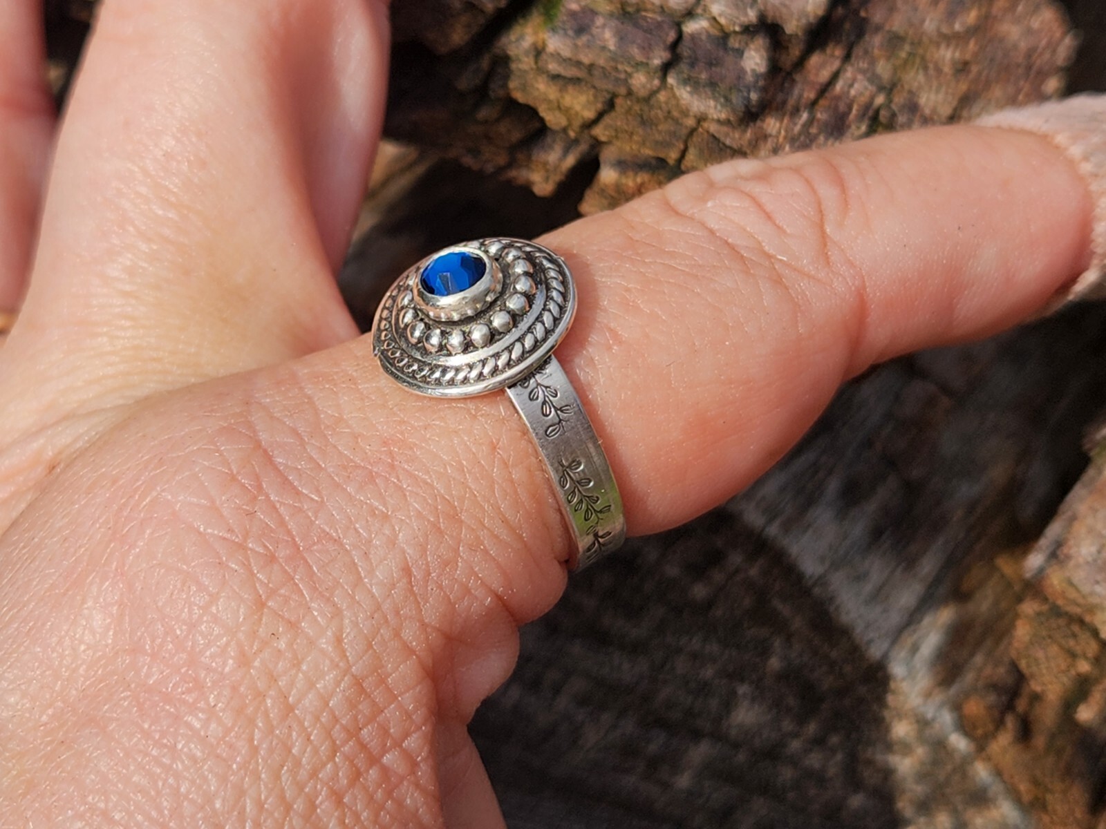 Handmade Sterling Silver Blue Swarovski Crystal Ring, Size 9.5, Leaf Leaves Band