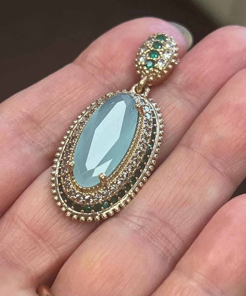 REAL Milky Aquamarine 14K Gold on SOLID 925 White Sapphire Victorian Rev Oblong