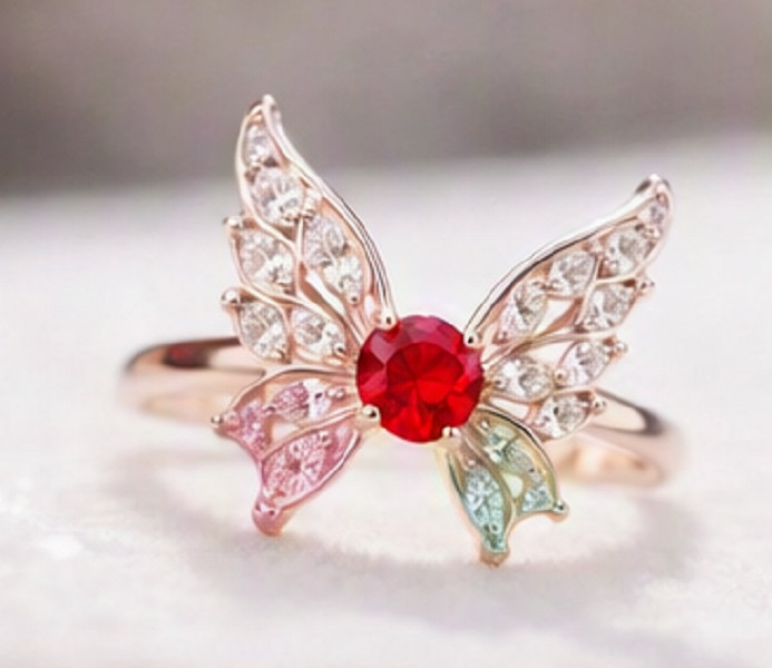 2ct Round Cut Simulated Red Ruby/CZ Butterfly Cocktail Ring 14k Rose Gold Plated