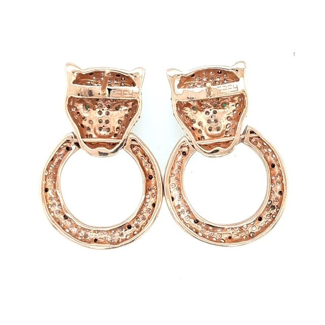 EFFY 14k Rose Gold Panther Black White Diamond Earrings Emerald Eyes