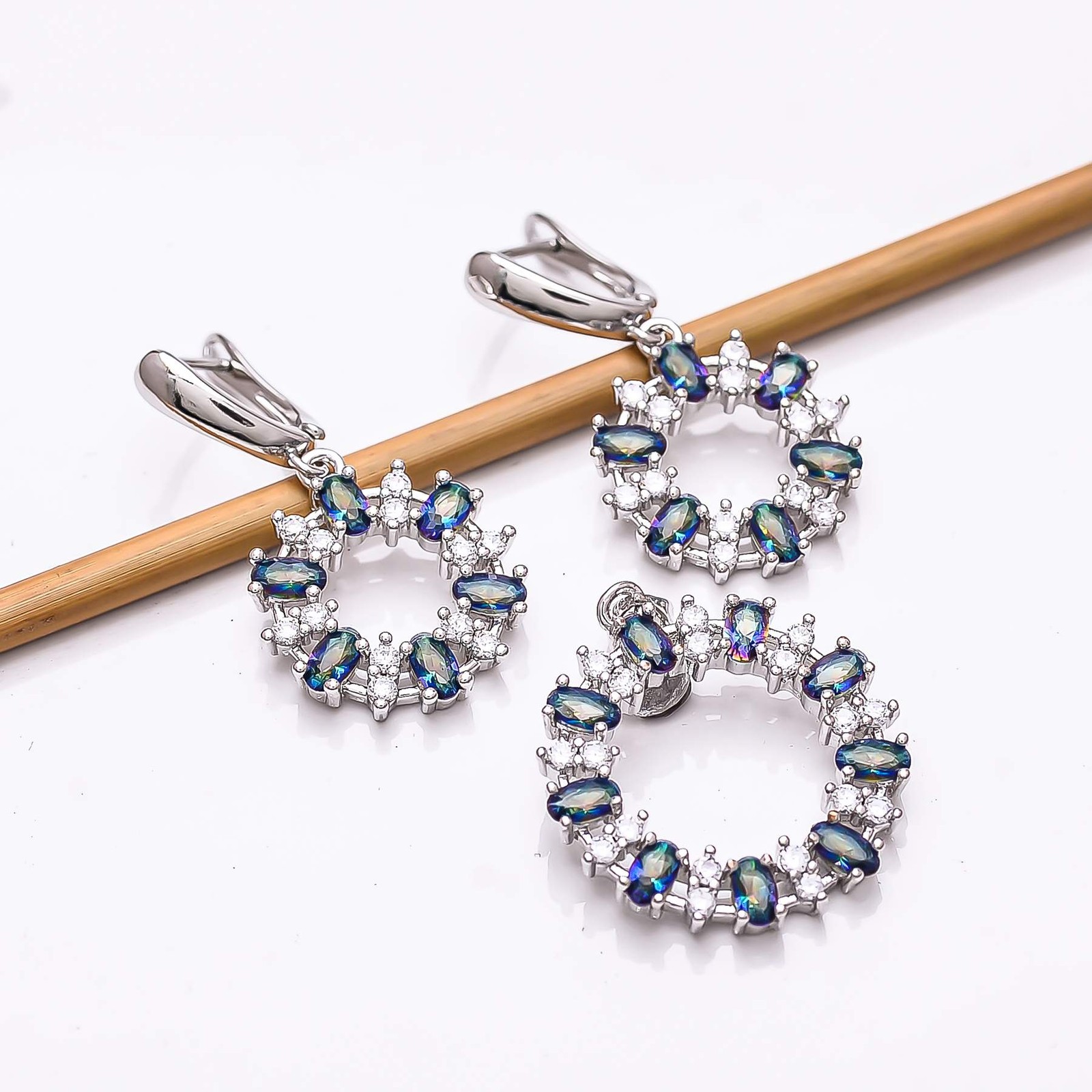 Blue Rainbow Mystic Fire Topaz 925 Sterling Silver Pendant Set P814, Christmas