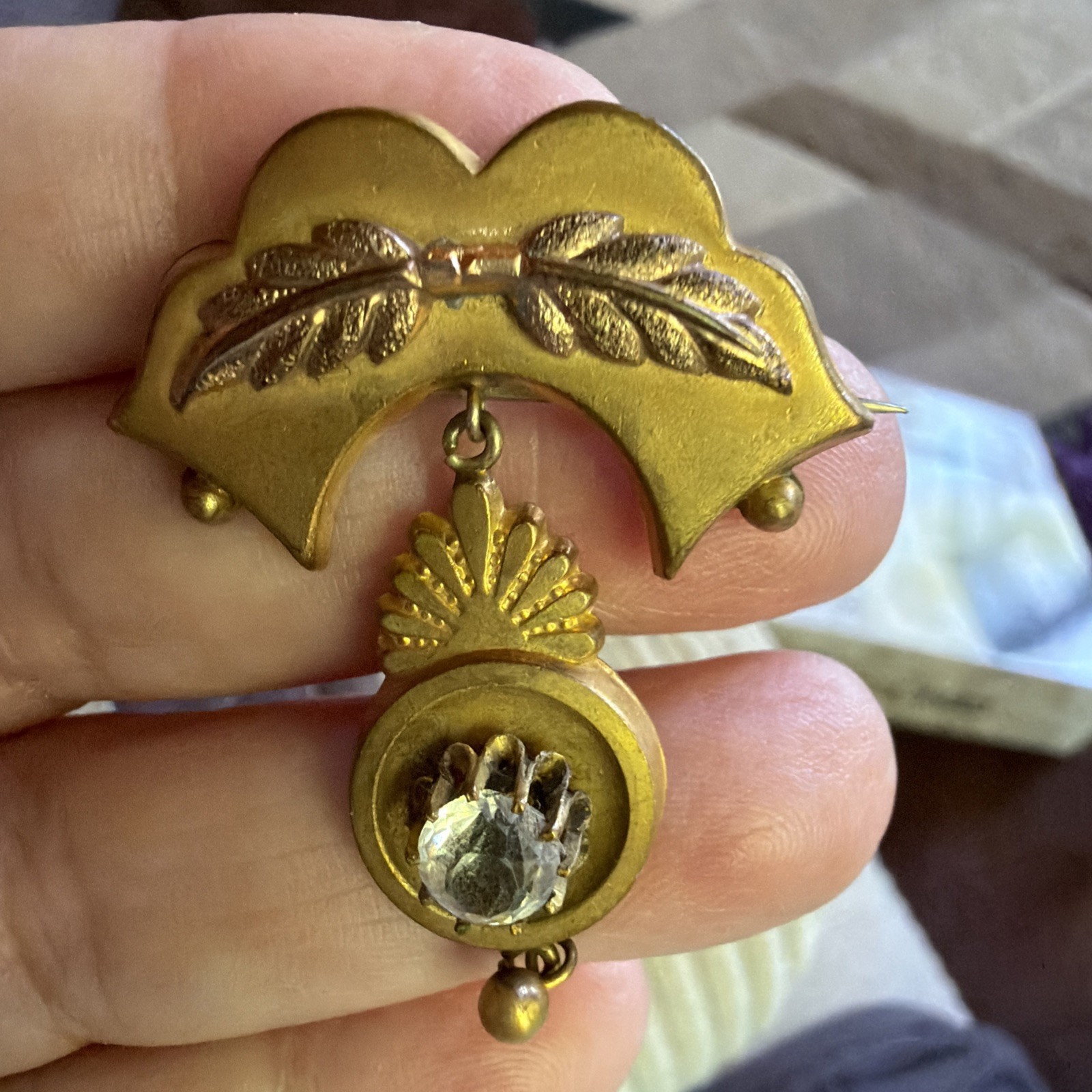 Antique Victorian Etruscan Hollow Gold Filled Dangle Brooch Pin Rose Gold Leaves