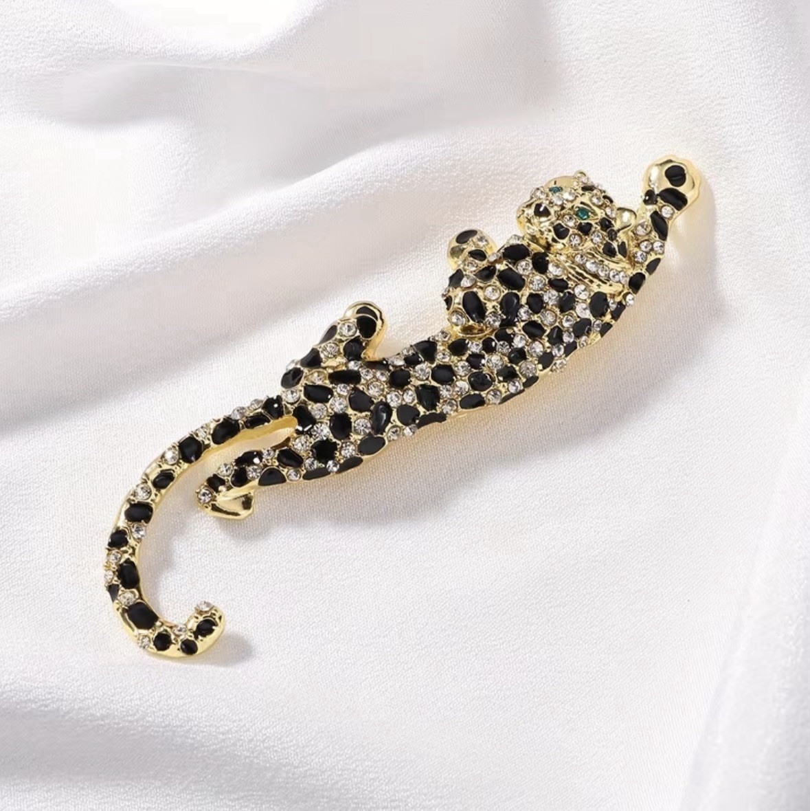 Leopard Panther Brooch Black Rhinestone Gold Tone Animal Statement Pin