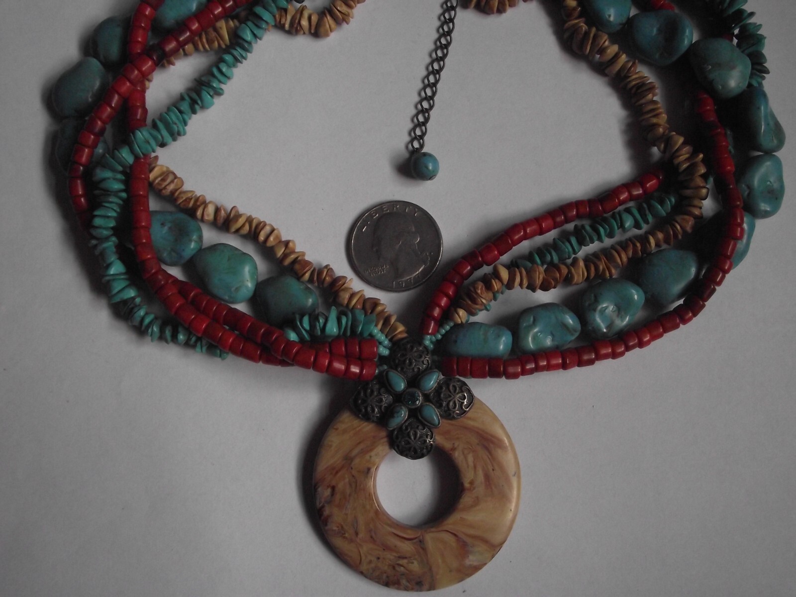 Faux blue turquoise tan orange shell silver tone bead round pendant necklace