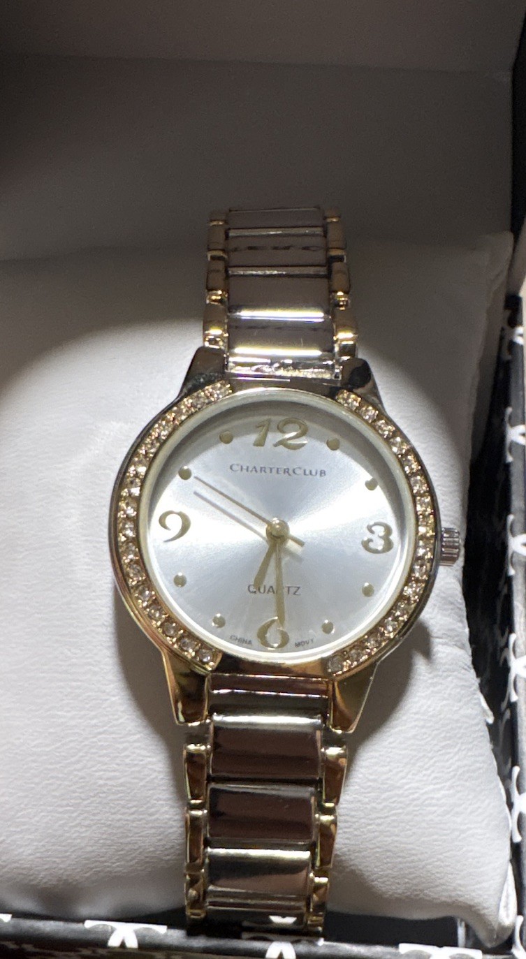 Charter Club Women’s Quartz Analog Gold-Tone Bracelet Silver Dial Gem Bezel Box