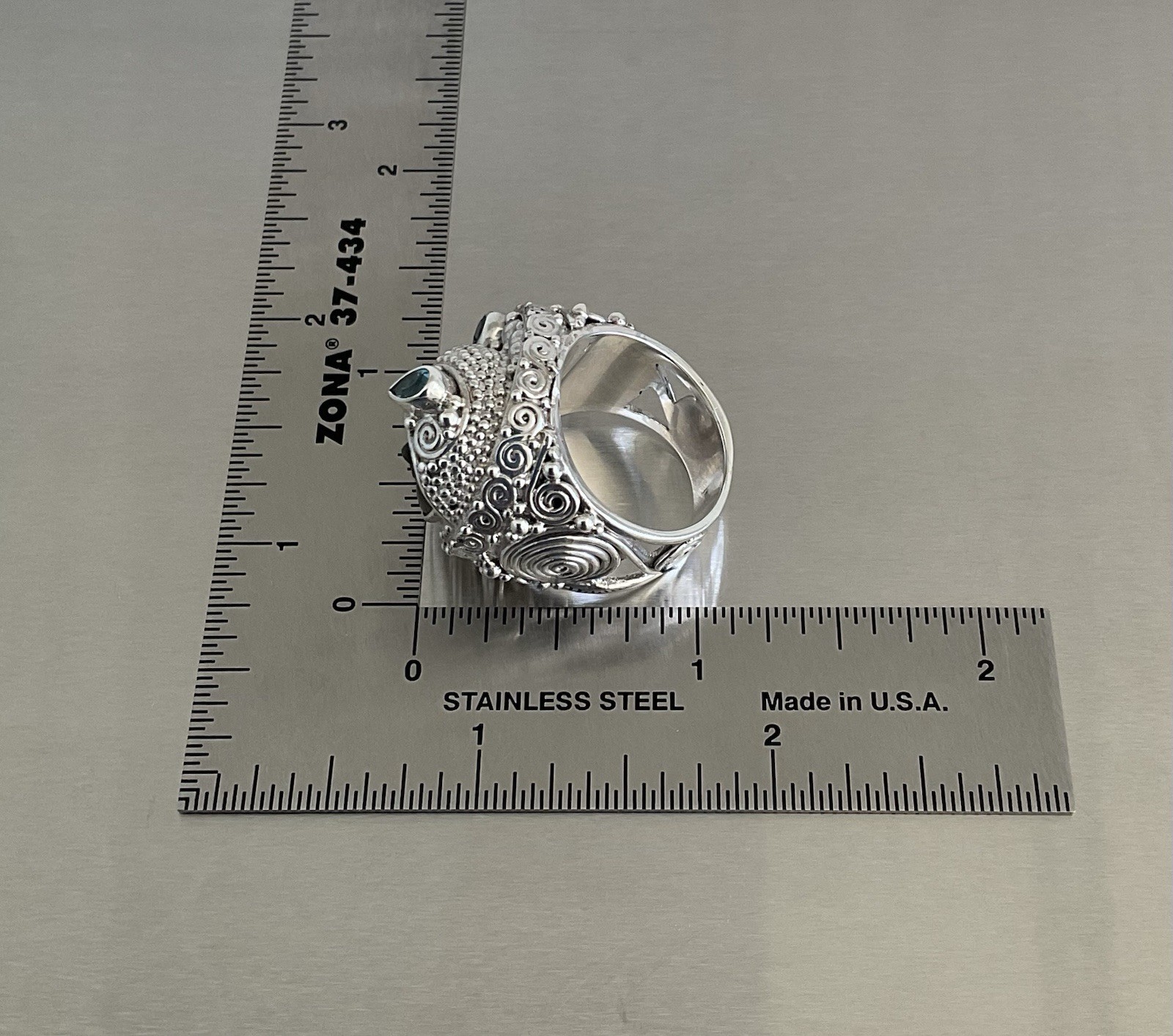 Sajen Carved Obsidian Goddess Face & Blue Topaz Ring 925 Sterling Silver Size 7
