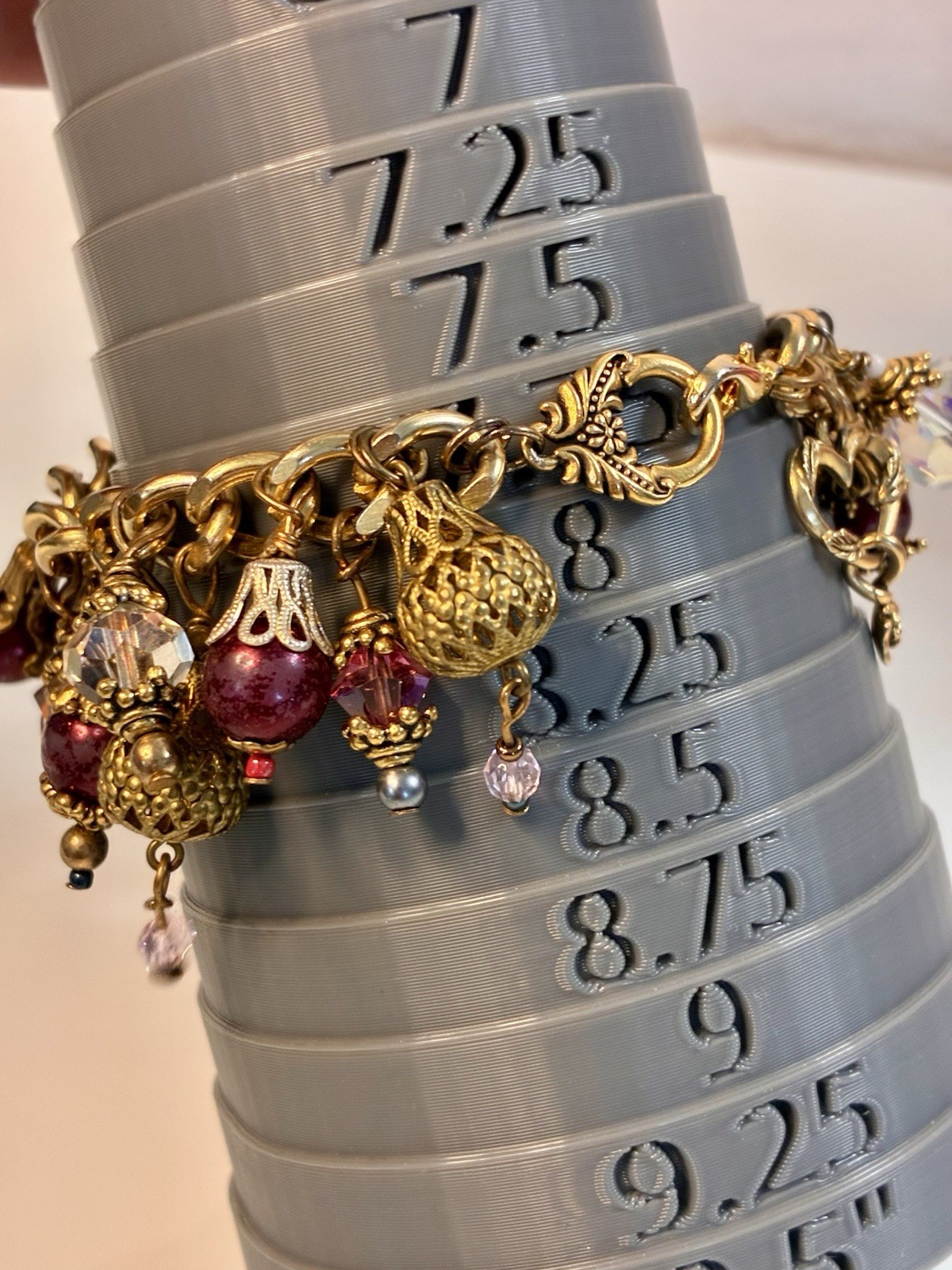 Gold Tone Cable Chain Charm Bracelet Toggle w/ Crystal Dangle Leaf Charms