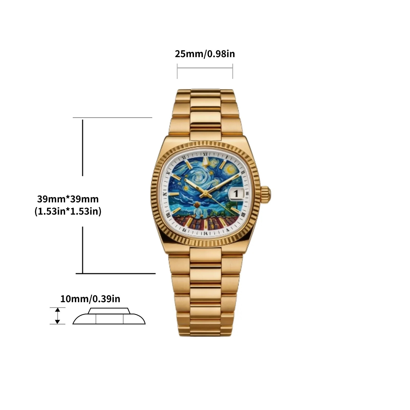 CILOA 518 Men’s Square Art Dial Quartz Watch Steel Calendar 3Bar