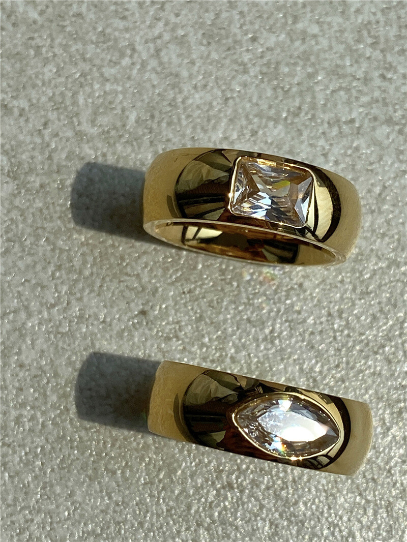 INS Fashion Woman 18k Gold Plated Stainless Steel CZ Wide Band Ring