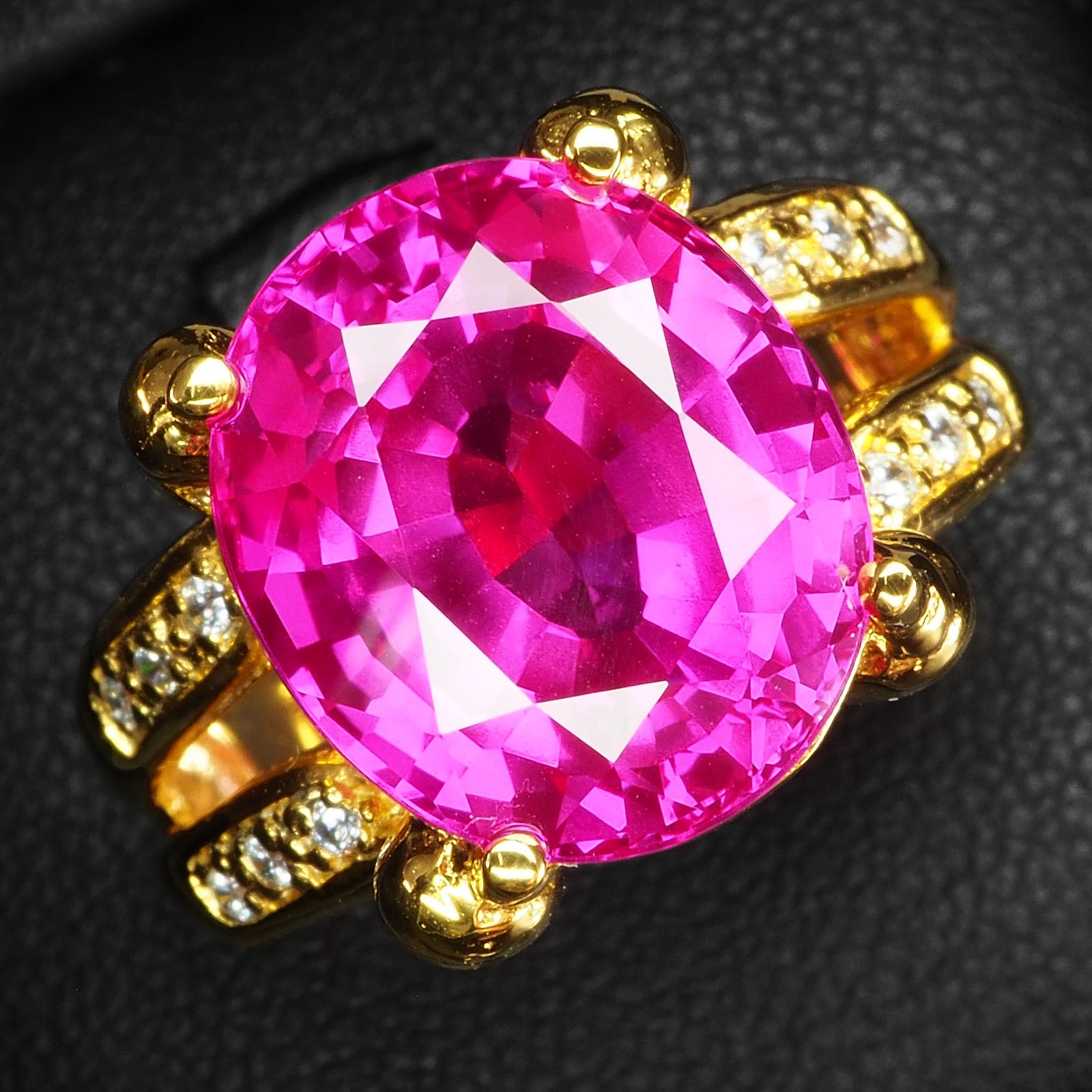 Elegant Hot Pink Sapphire Oval 10Ct 925 Sterling Silver 24K Gold Rings Size 6.5