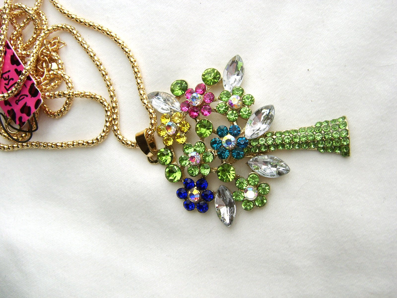 Betsey Johnson Multicolor Rhinestone Crystal Tree White Green Pink Gold Necklace