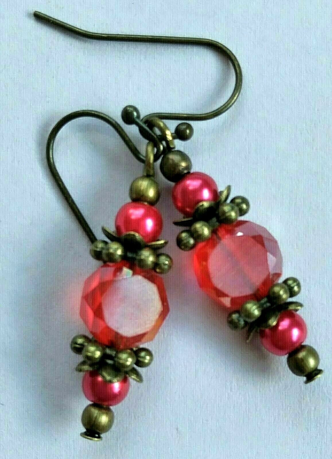 RED Frosted CRYSTAL strawberry GLASS PEARL earring BRONZE French hook XX