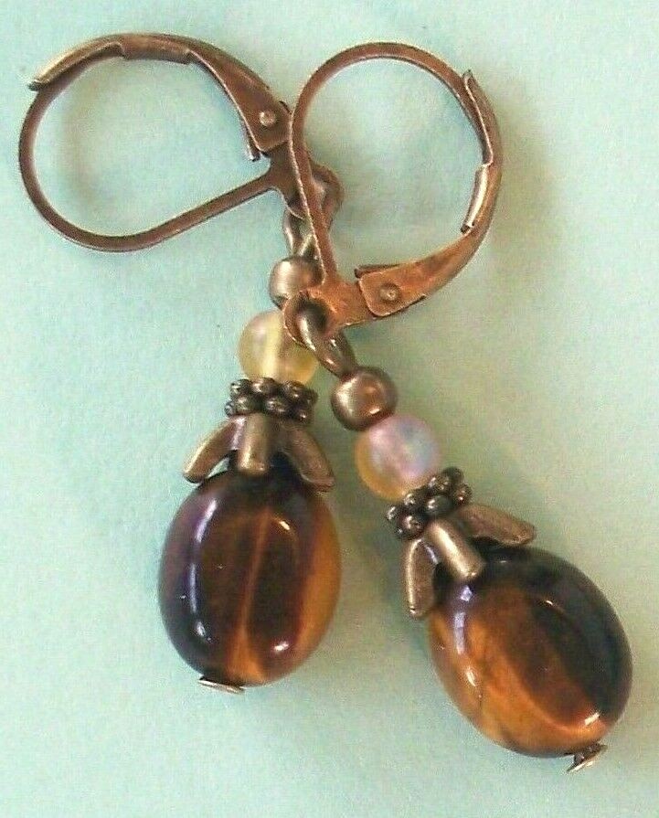 TIGER EYE oval frosted Crystal earring BRONZE handcrafted LEVERBACK XGE