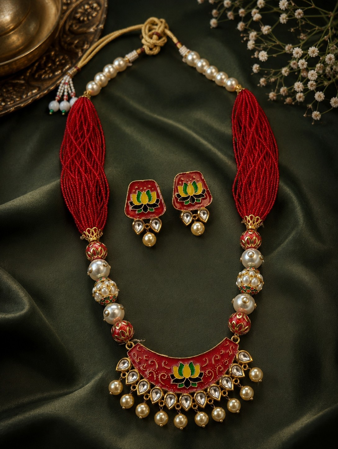 Handmade Lotus Thread Necklace Set Red Meenakari Pearl Indian Ethnic Jewelry