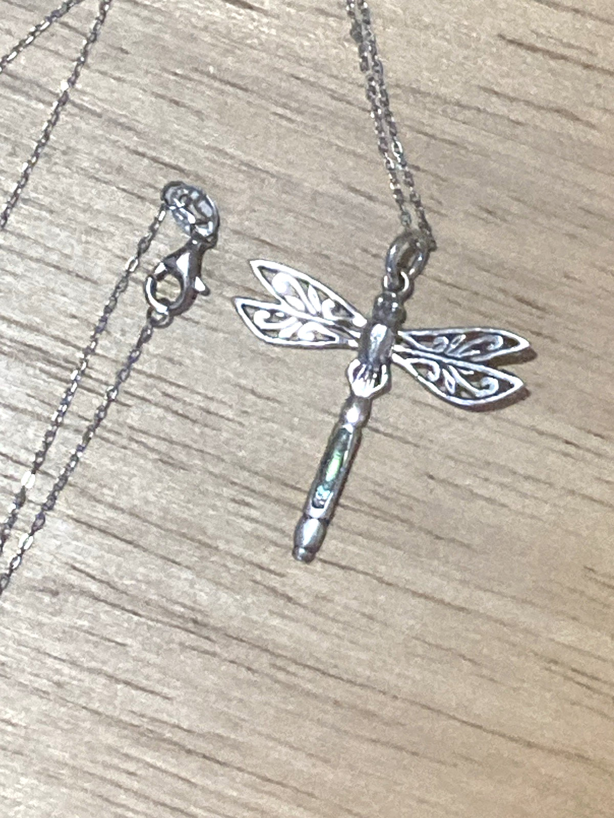 Vintage Peter Stone Pendant Necklace Sterling Silver Dragonfly Abalone Charm 925