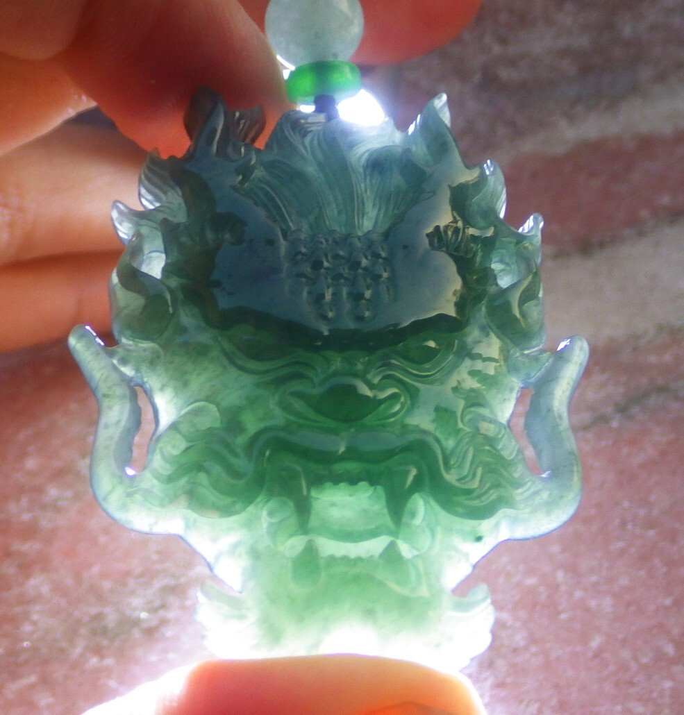 Certified Green Natural 100% A JADE JADEITE PENDANT Dragon Head 龙头 114210 TS