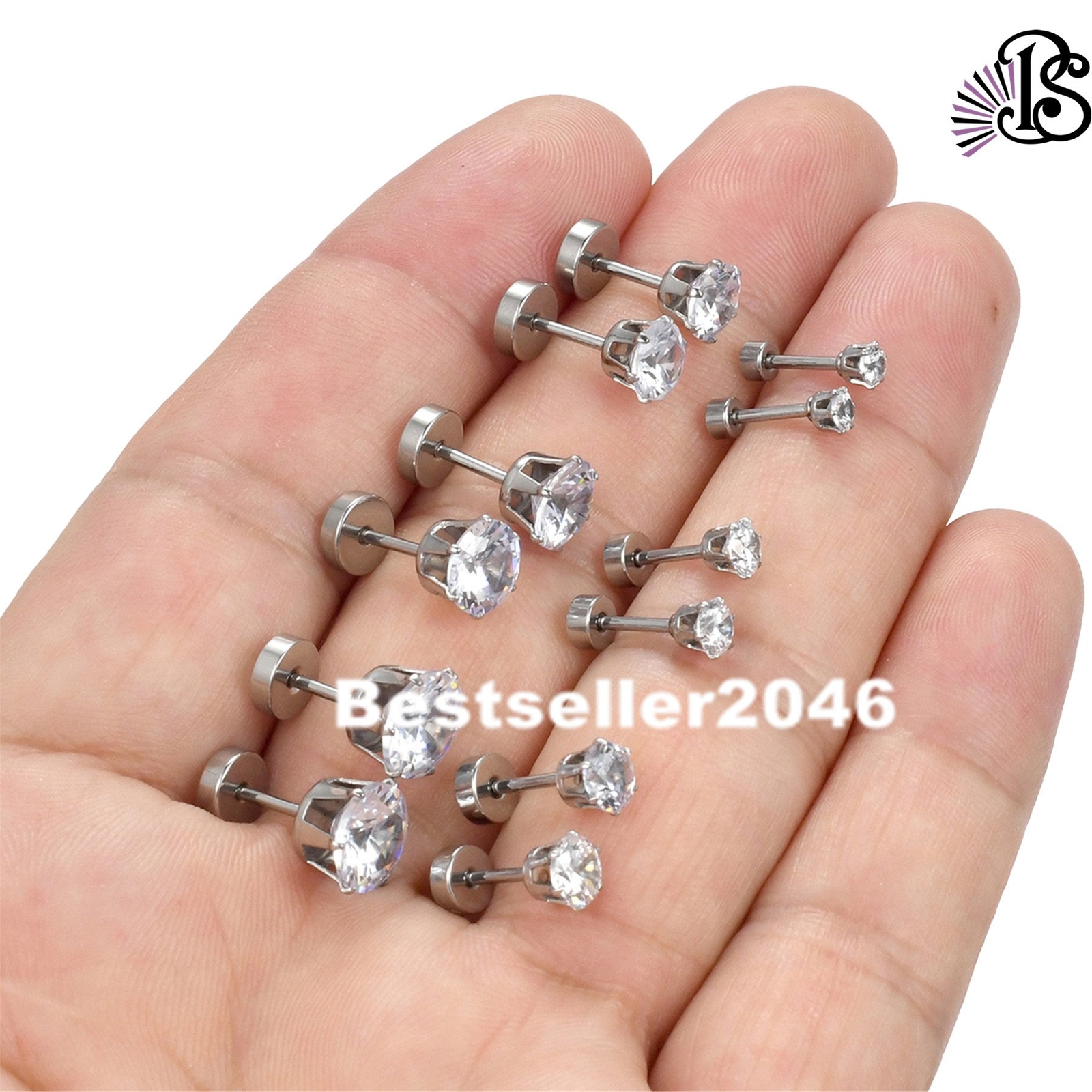 6 Pairs Stainless Steel Round Cubic Zirconia Stud Earrings Set for Men Women