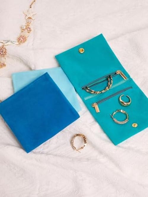 3Pcs Small Jewelry Bags Velvet Zipper Jewelry Organizer Jewelry Rolls Blue