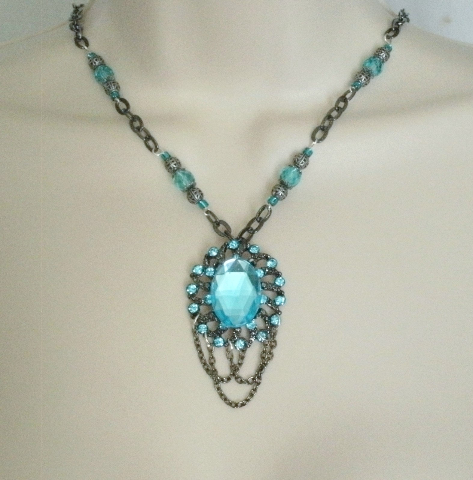 Sapphire Blue Gothic Victorian Art Deco Nouveau Renaissance Wedding Necklace