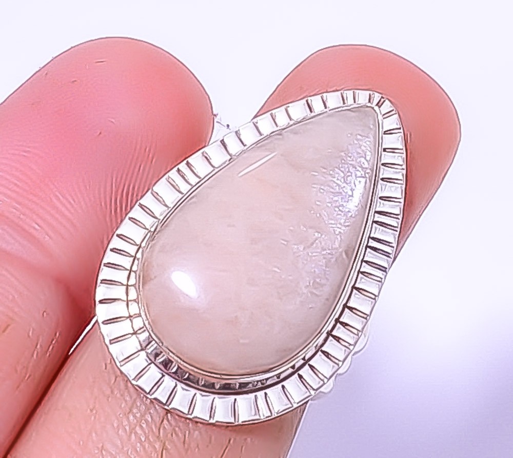 Hammer Texture-Amazonite-Beige 925 Silver Plated Jewelry Ring s.5.5 T21