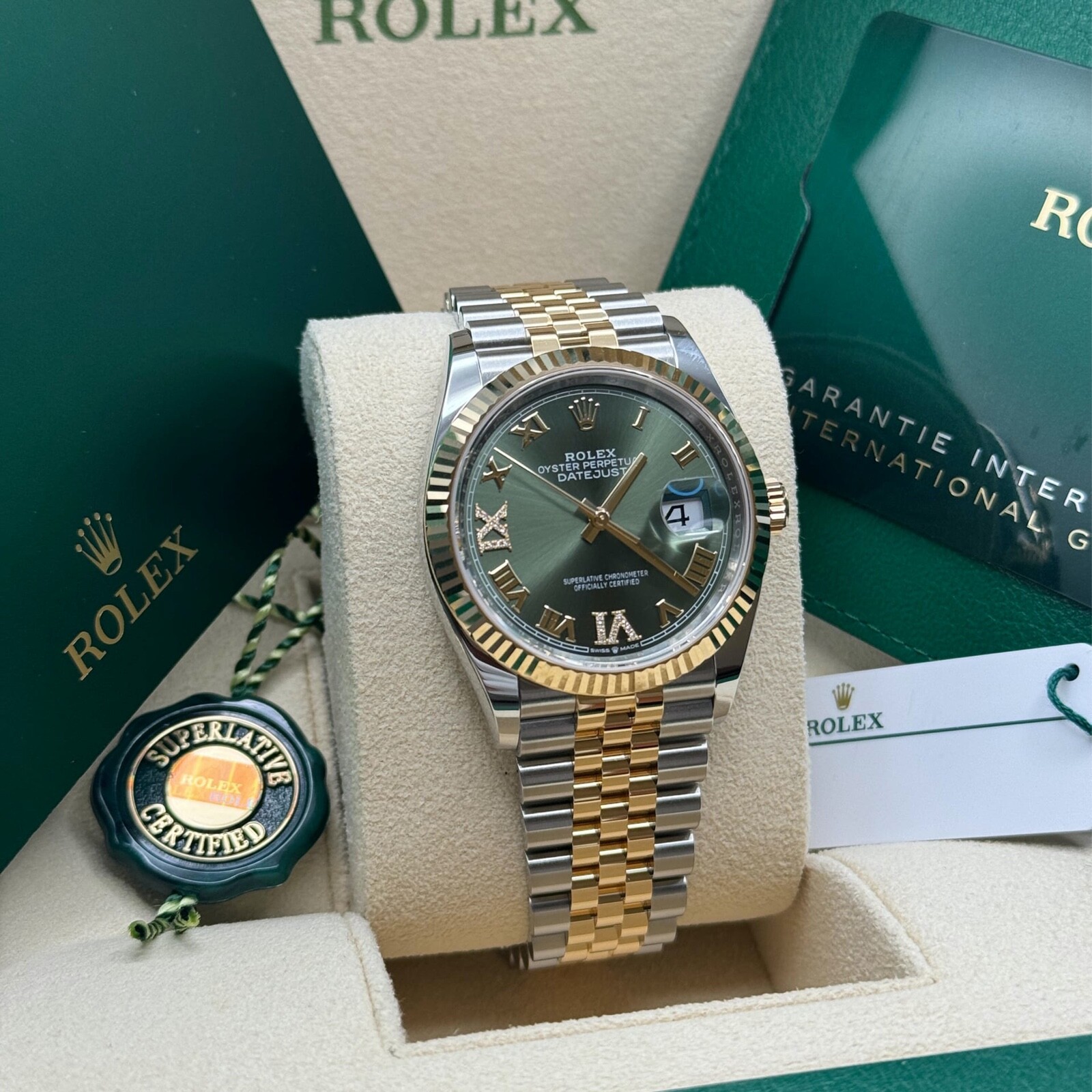Rolex Datejust 36 Two-Tone Jubilee 126233 Olive Green Diamond Roman Fluted Bezel