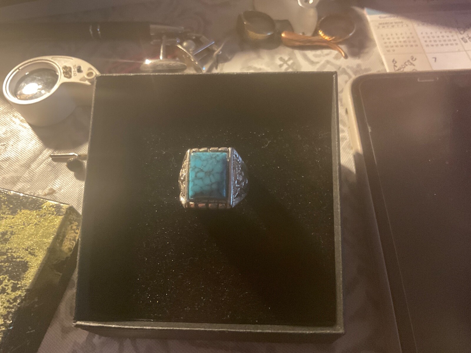 FAUX TURQUOISE SILVER RING SZ 10.5 no stamp sold as pictured looks authentic