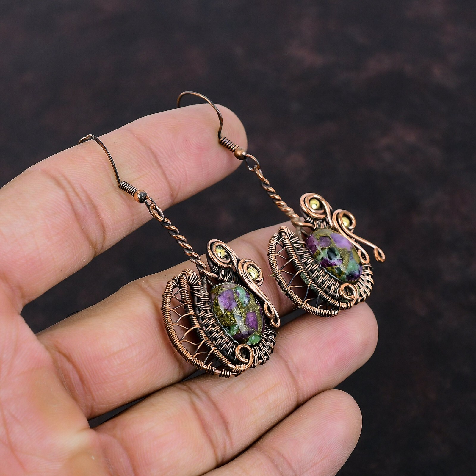 Gift For Women Wire Wrapped Drop/Dangle Earrings Copper Ruby Zoisite 2.28″