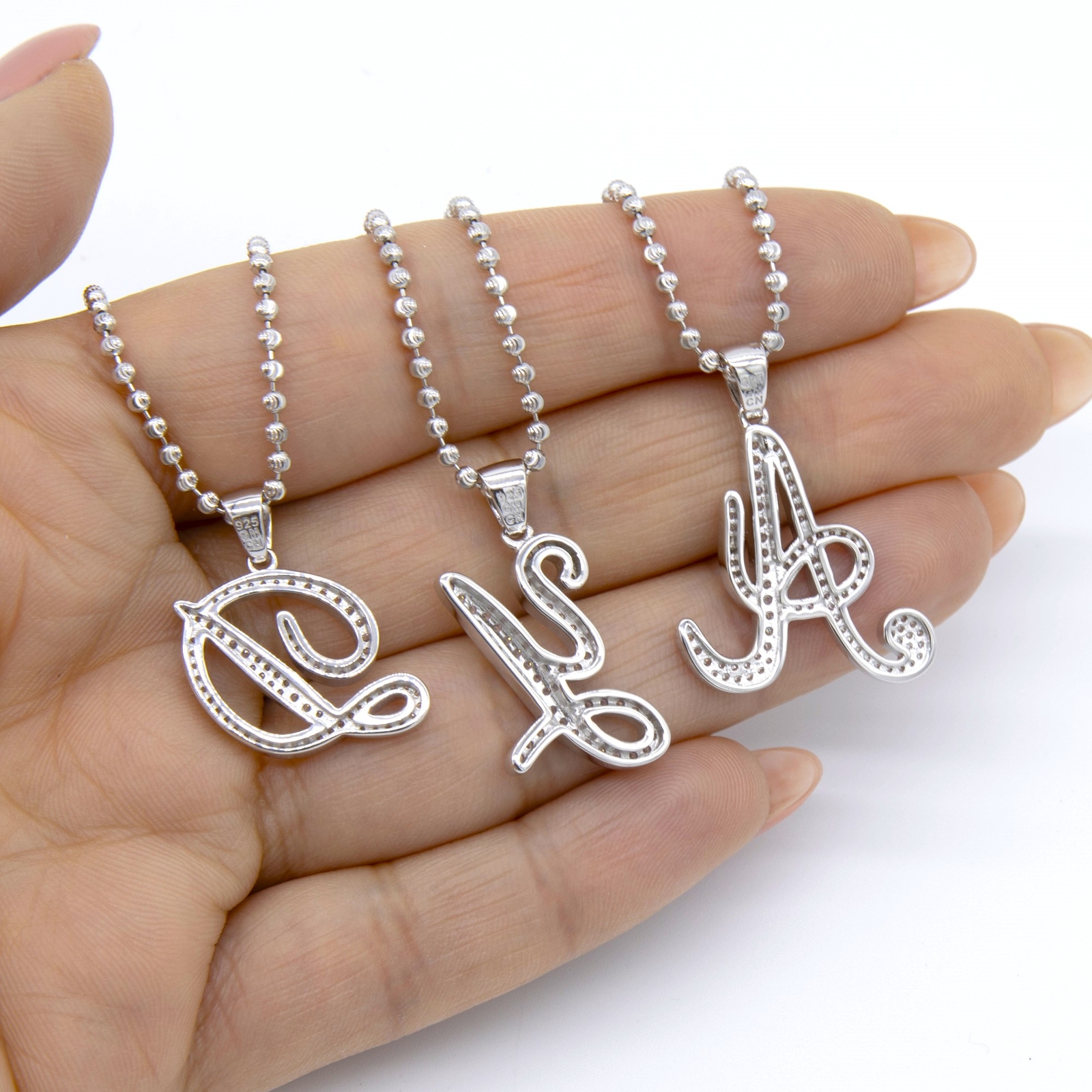1″ CZ Cursive Initial Moon-Cut Bead Ball Chain Necklace Sterling Silver 925