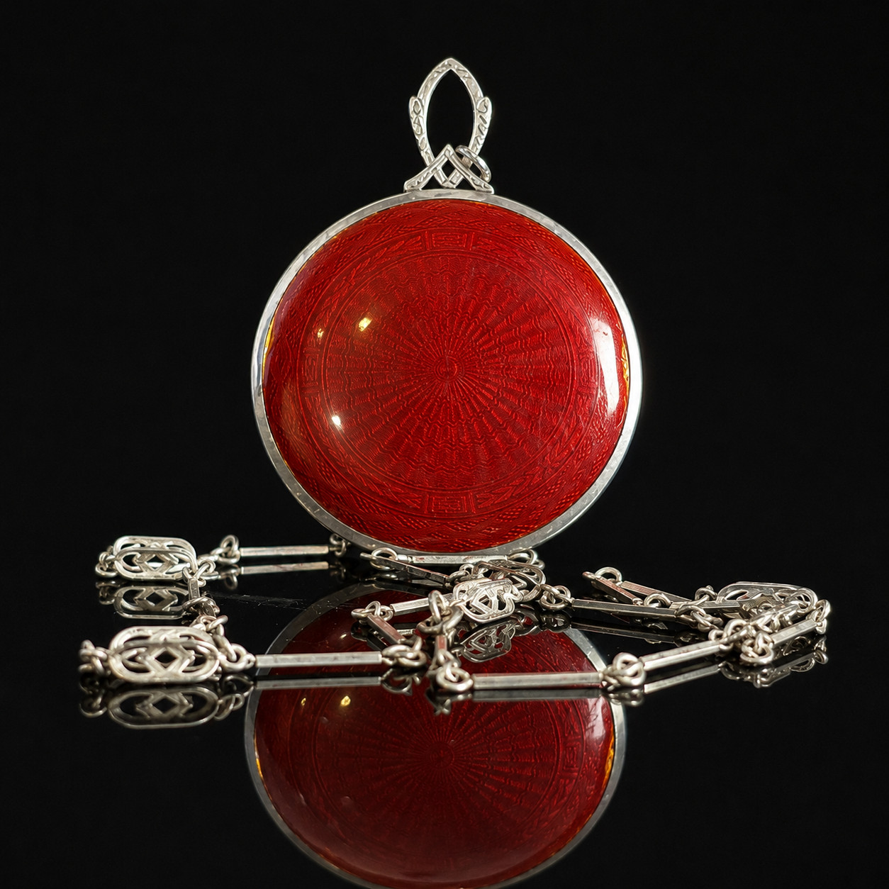 Antique Foster & Bailey Sterling Silver Red Guilloché Enamel Mirror Pendant Neck
