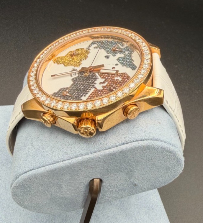 Jacob and Co 5 Time Zone The World Is Yours-multi color map- white strap