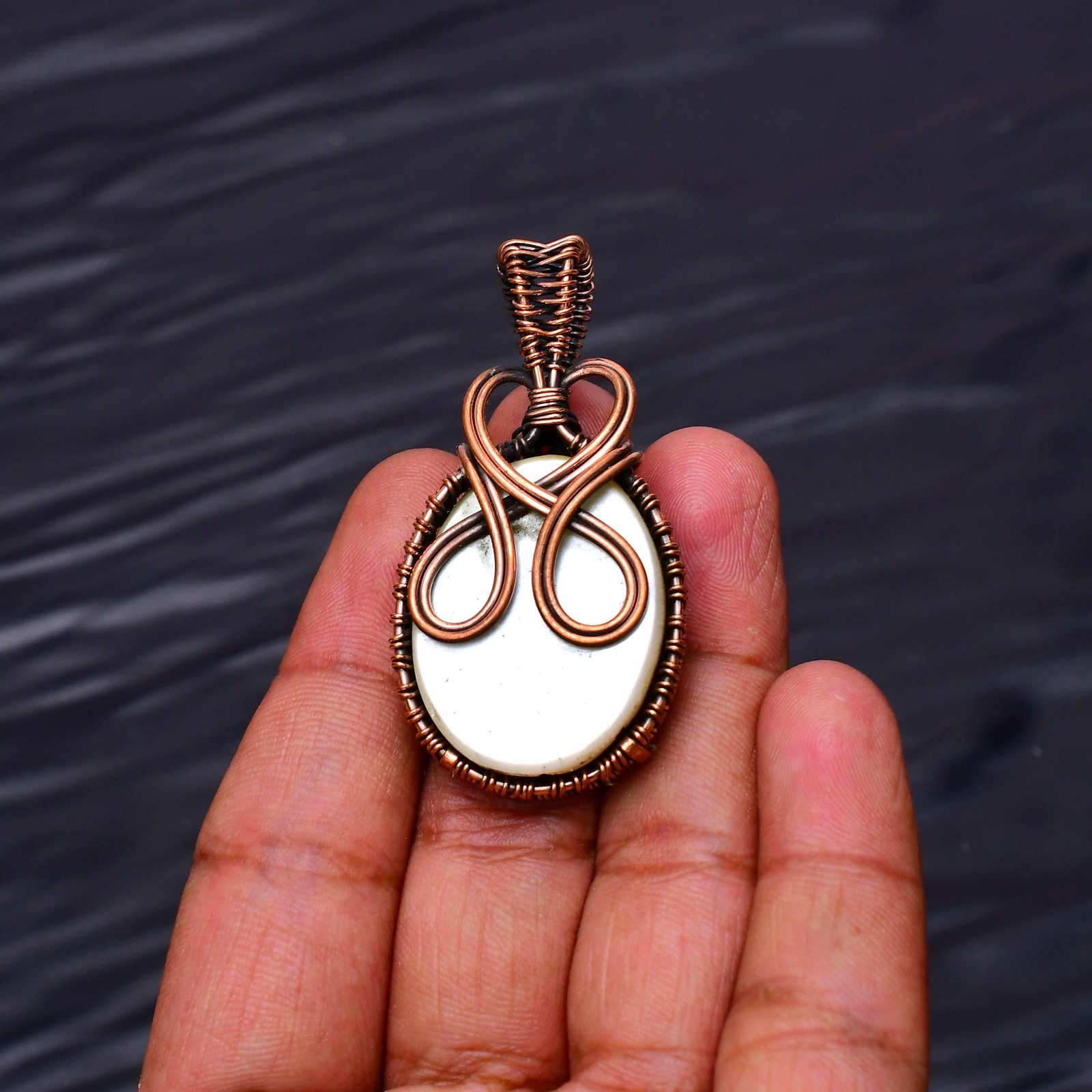 Mother of Pearl Gemstone Copper Wire Wrapped Handmade Jewelry Pendant 1.96″