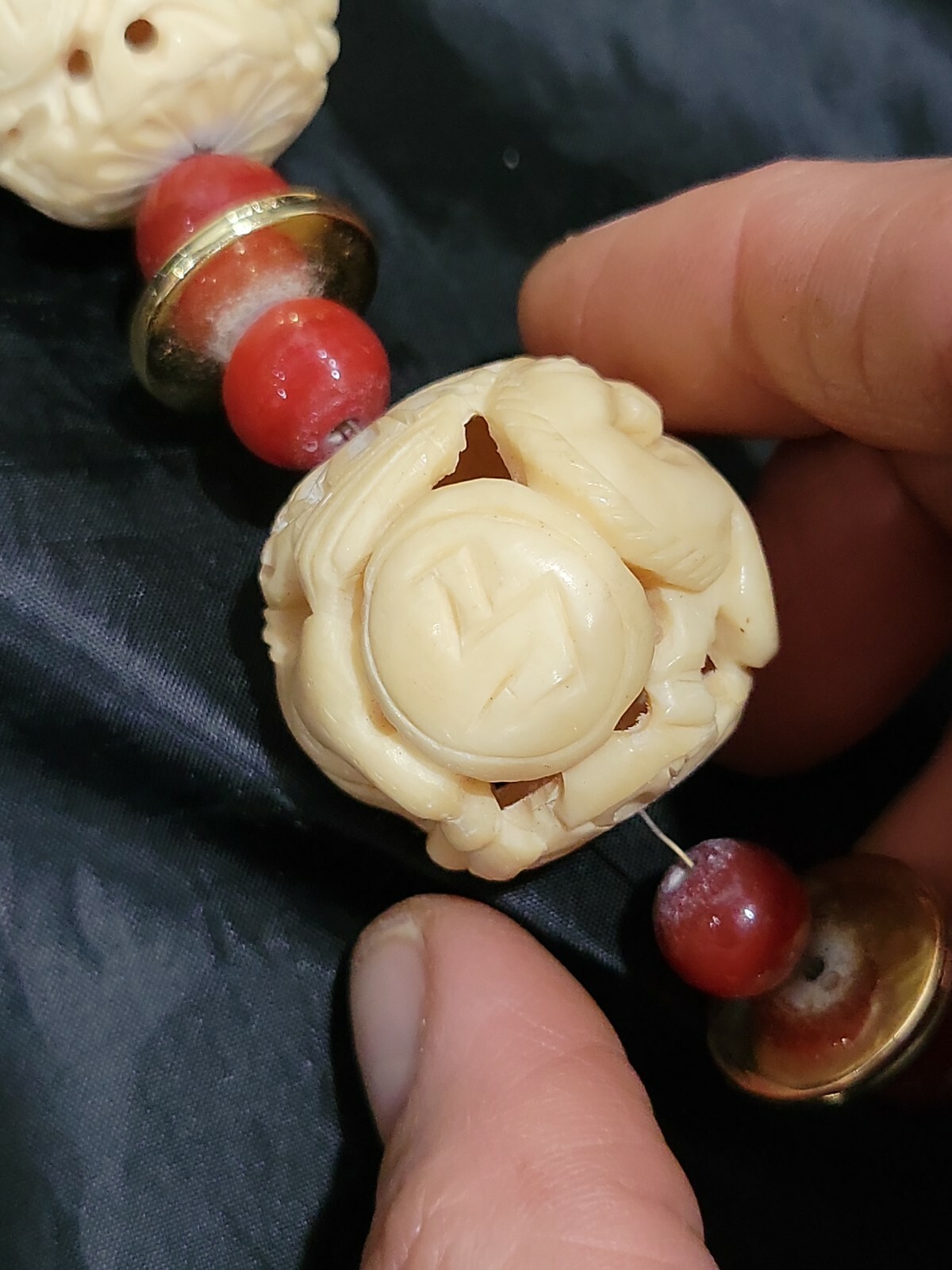 ANTIQUE CHINISE ZODIAC CARVED WATER BUFFALO BONE BEADS & RED STONE NECKLACE