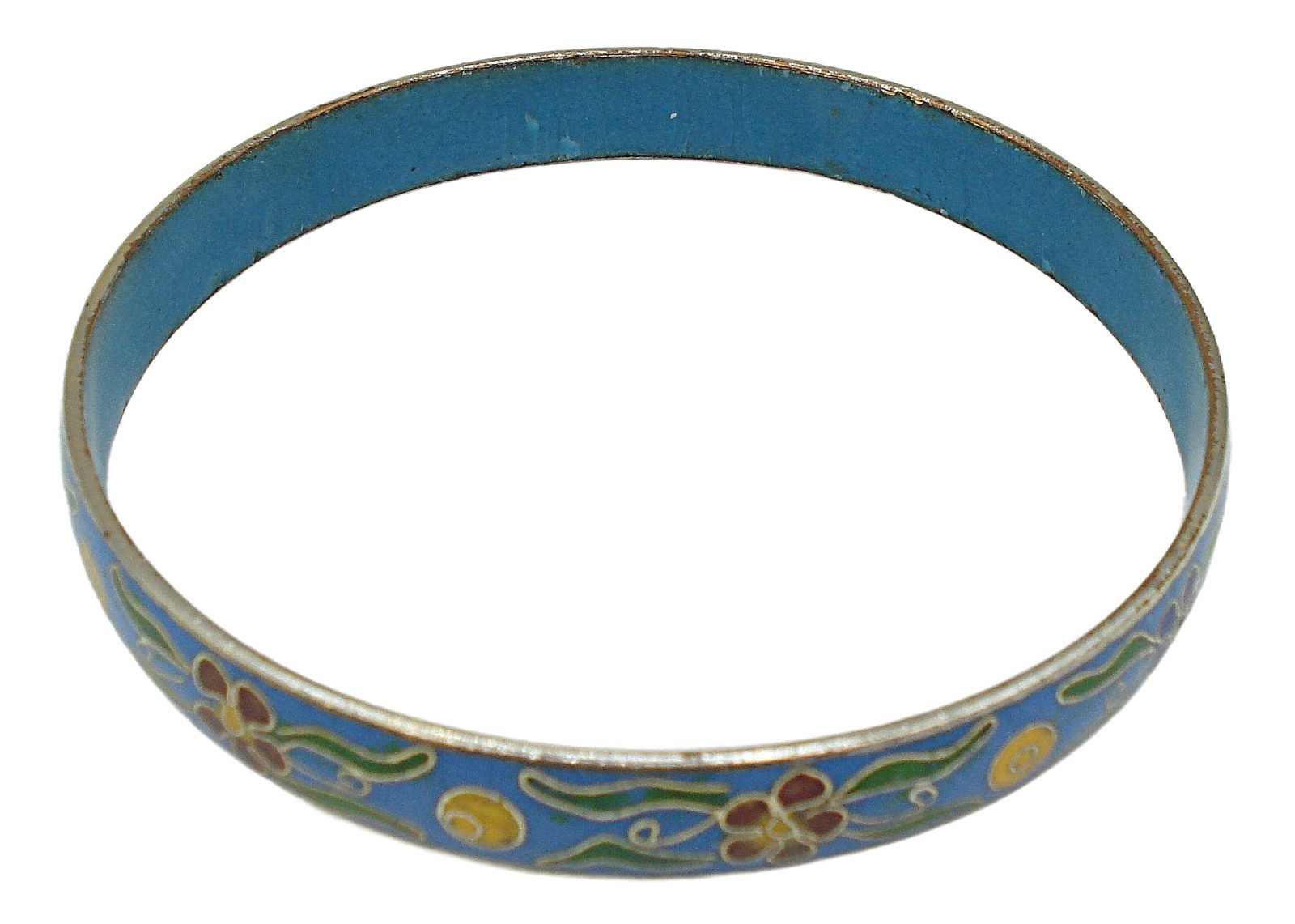 VINTAGE CLOISONNE BRACELET BANGLE FLORAL BLUE YELLOW GREEN RED ENAMELS 3/8″ X 8″