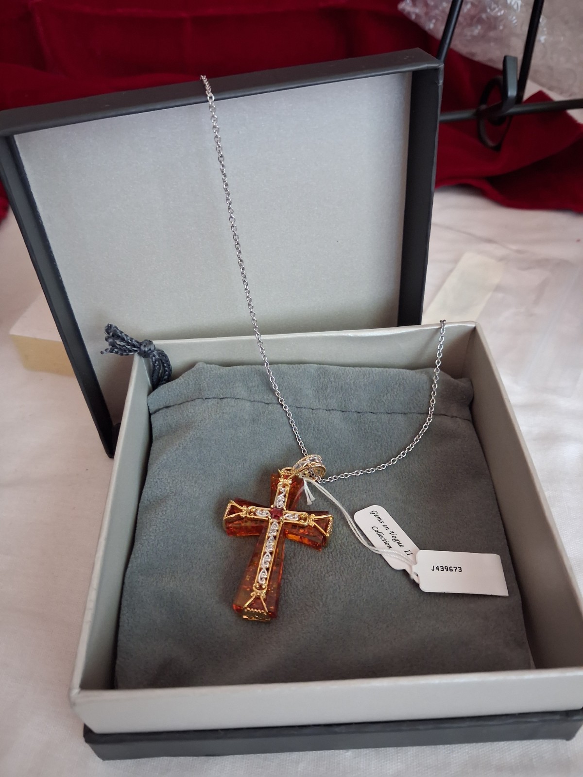 Gems en Vogue Baltic Amber Almondine Garnet Cross 925 Sterling NIB on 18″ Chain