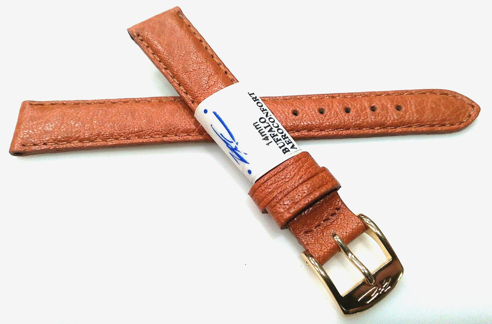 Ladies France Honey Tan Aerocomfort Buffalo 14mm Watch Band Gold Tone Buckle