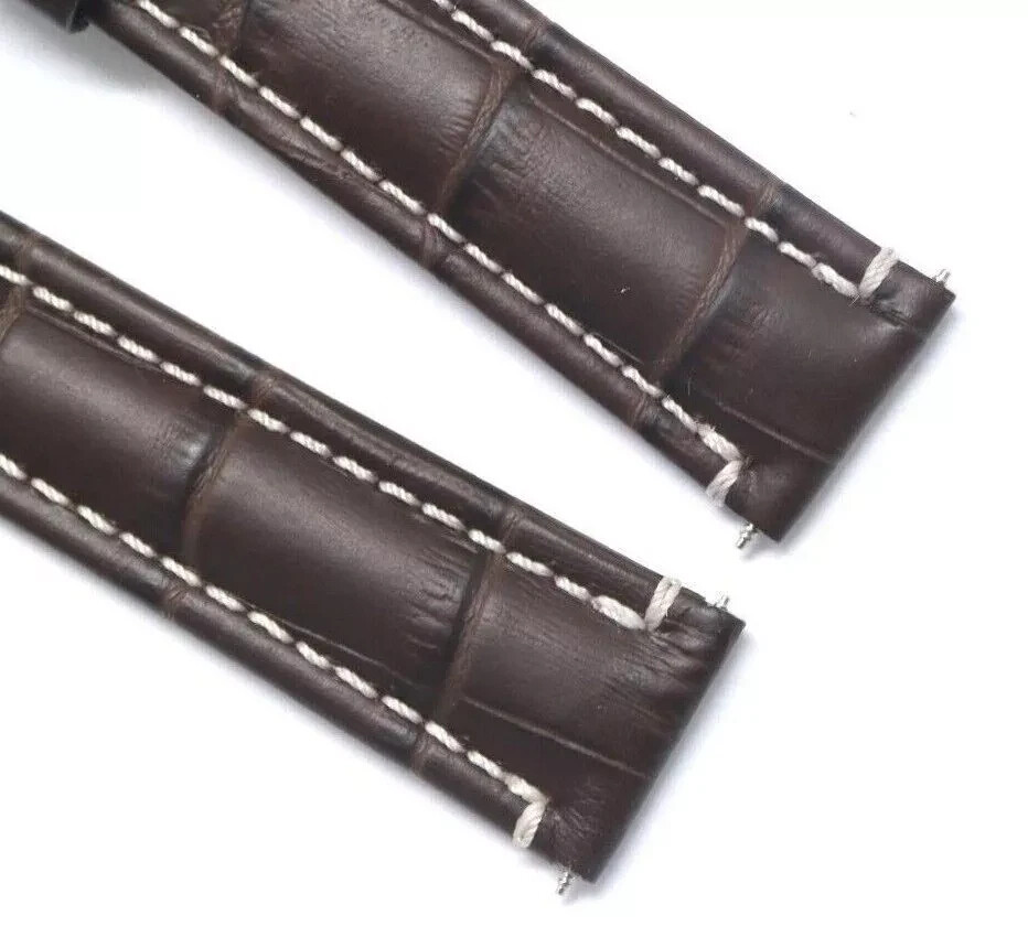 3Pcs 22mm Brown Croco Embossed Leather Contrast Stitch Watch Strap Silver Buckle