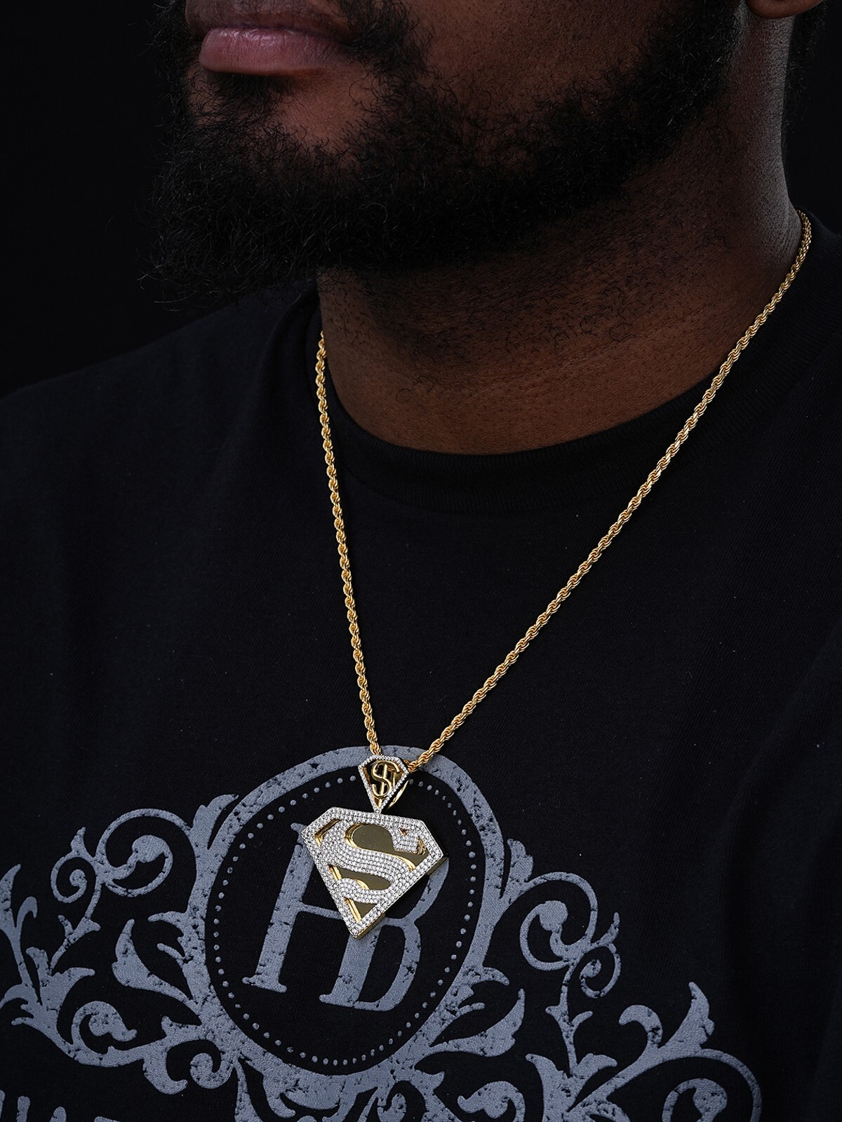 MOISSANITE Real 925 Silver/Gold Plated Iced SUPERMAN Superhero Pendant Necklace