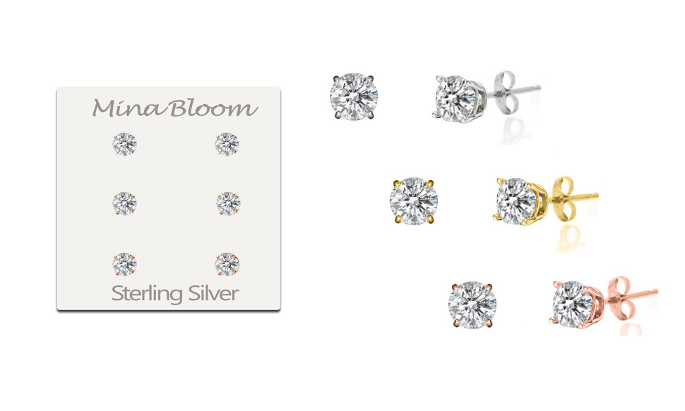 3PC Set 925 Sterling Silver Round 6mm Stud Earrings For Women Girls