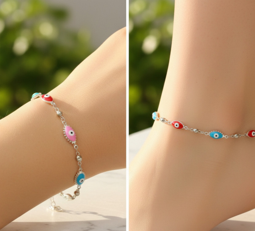 Colorful Evil Eye Charm Bracelet Silver Plated Boho Chain Bracelet for Women