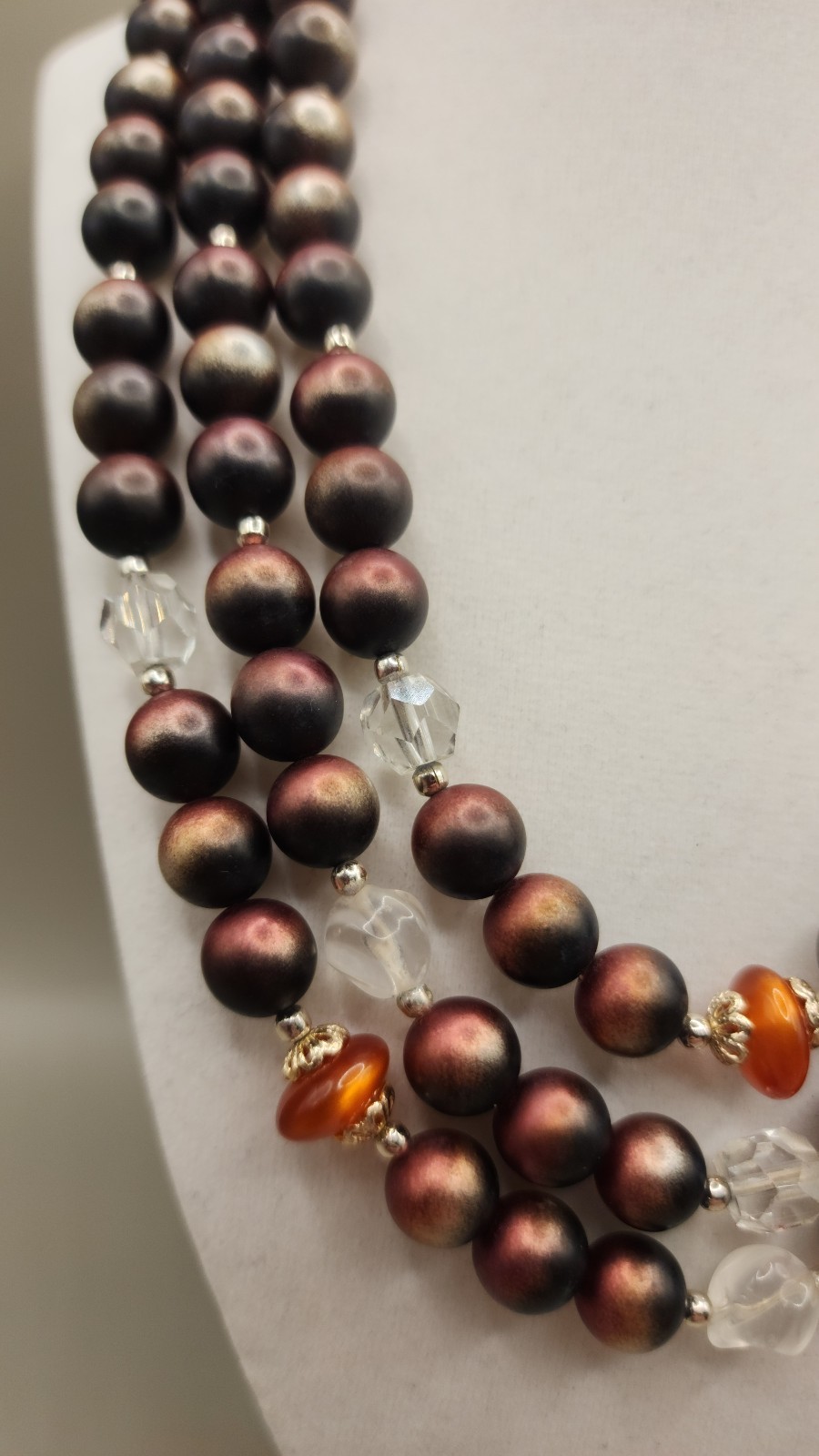 Vtg 1950s Japan 3 Strand Beaded Choker Necklace Brown Copper Faux Pearl Cluster