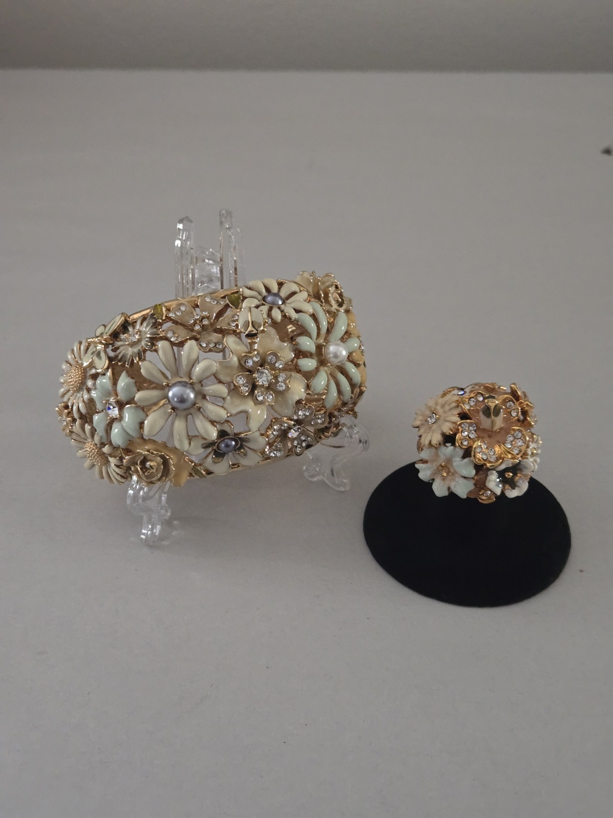 Kenneth Jay Lane Garden Party Floral Cuff Bracelet Ring Set Swarovski Crystal
